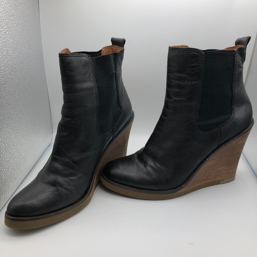 Lucky Brand Black Leather Wedge Boots.  Size 8.